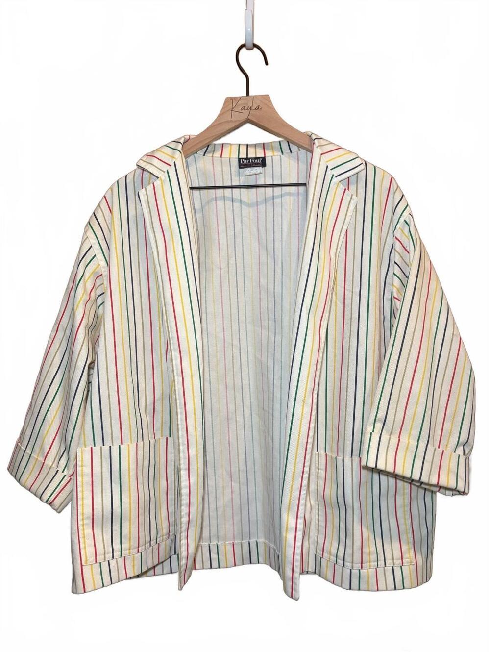 vintage 1980s white rainbow-striped open-front half sleeve jacket - Woman’s XL